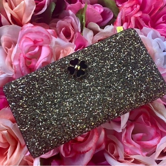 kate spade Handbags - Kate Spade Odette Glitter Large Slim Bifold Wallet Rose Gold Embellished Black